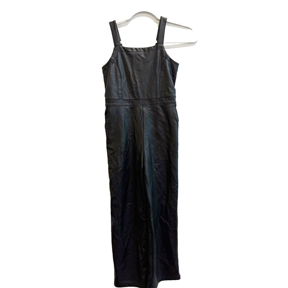 Abercrombie Kids Black Faux Leather Jumpsuit Overalls Size 9/10 Wide Leg Stretch